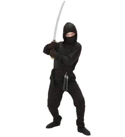 Ninja Kinderkostüm Oberteil mit Kapuze, Hose, Gürtel, Maske, Arm und Beinbänder