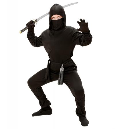 Ninja Kinderkostüm Oberteil mit Kapuze, Hose, Gürtel, Maske, Arm und Beinbänder