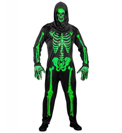 Neon Skelett grün mit Maske, Overall und Handschuhe