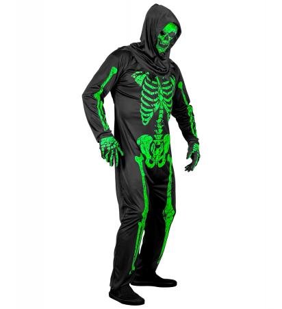 Neon Skelett grün mit Maske, Overall und Handschuhe