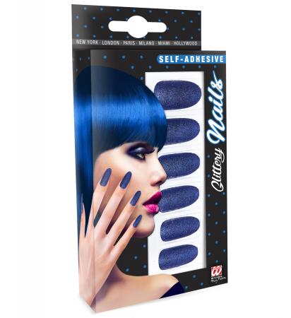 12 selbstklebende Fingernägel Blau Glitzer