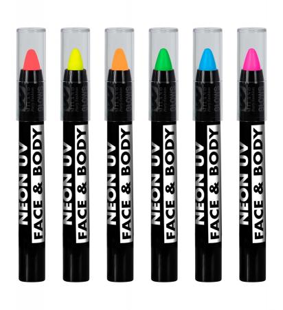 Set mit 6 Neon Schminkstiften 2 x rosa, 1 gelb, 1 orange, 1 grün, 1 blau
