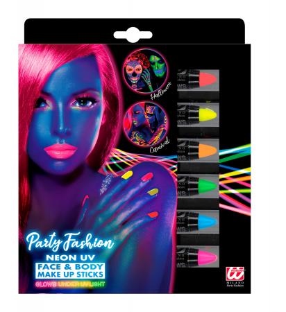 Set mit 6 Neon Schminkstiften 2 x rosa, 1 gelb, 1 orange, 1 grün, 1 blau