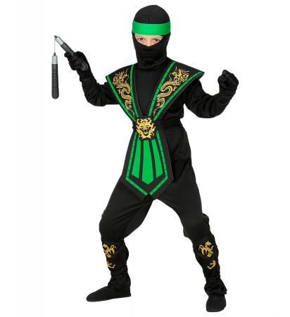 Grüner Kombat Ninja Kinderkostüm mit Overall, Brustrüstung, Gürtel, Arm- und Beinschnüre, Maske, Stirnband