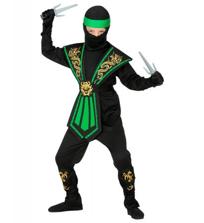 Grüner Kombat Ninja Kinderkostüm mit Overall, Brustrüstung, Gürtel, Arm- und Beinschnüre, Maske, Stirnband