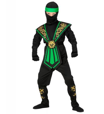 Grüner Kombat Ninja Kinderkostüm mit Overall, Brustrüstung, Gürtel, Arm- und Beinschnüre, Maske, Stirnband