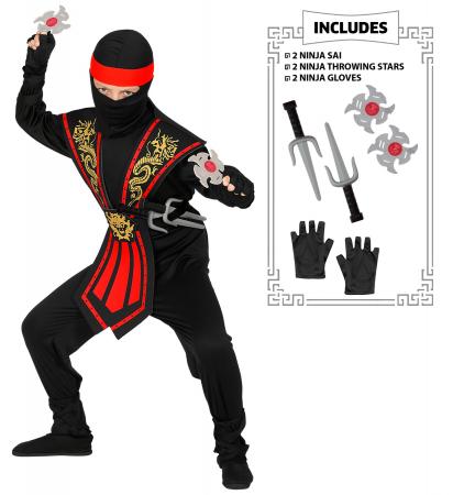 Roter Kombat Ninja Kinderkostüm mit Waffenset Overall, Brustrüstung, Gürtel, Arm- und Beinschnüre, Maske, Stirnband, Handschuhe,  Ninjadolche, Ninja Wurfsternen