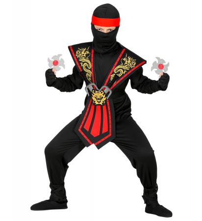 Roter Kombat Ninja Kinderkostüm mit Waffenset Overall, Brustrüstung, Gürtel, Arm- und Beinschnüre, Maske, Stirnband, Handschuhe,  Ninjadolche, Ninja Wurfsternen