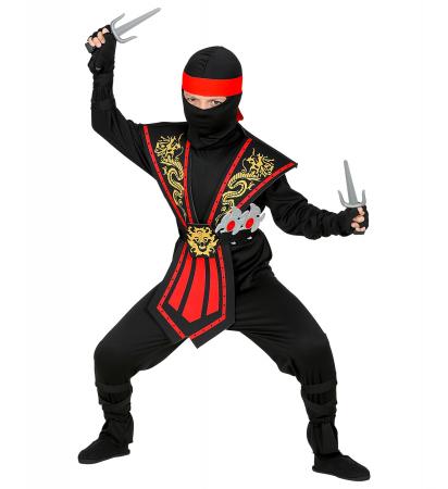 Roter Kombat Ninja Kinderkostüm mit Waffenset Overall, Brustrüstung, Gürtel, Arm- und Beinschnüre, Maske, Stirnband, Handschuhe,  Ninjadolche, Ninja Wurfsternen