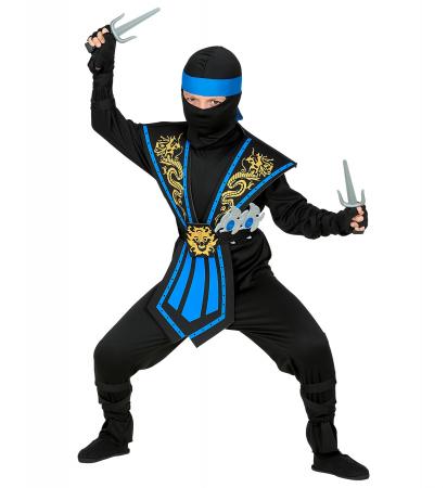 Blauer Kombat Ninja Kinderkostüm mit Waffenset Overall, Brustrüstung, Gürtel, Arm- und Beinschnüre, Maske, Stirnband, Handschuhe,  Ninjadolche, Ninja Wurfsternen - Kopie