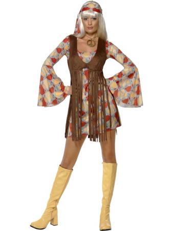 1960er schickes Hippie Girl Kostüm mit Kleid und Fransen Weste