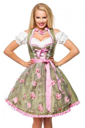 Dirndl mit herzförmigem Ausschnitt und Blumenschürze in grün/pink