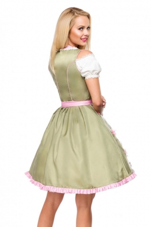 Dirndl mit herzförmigem Ausschnitt und Blumenschürze in grün/pink