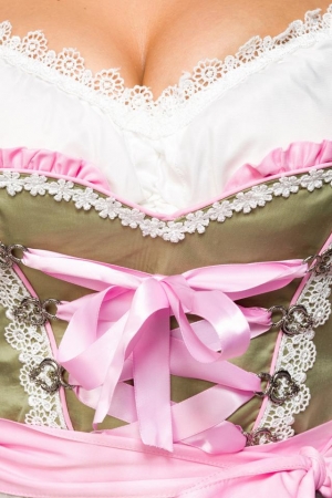 Dirndl mit herzförmigem Ausschnitt und Blumenschürze in grün/pink