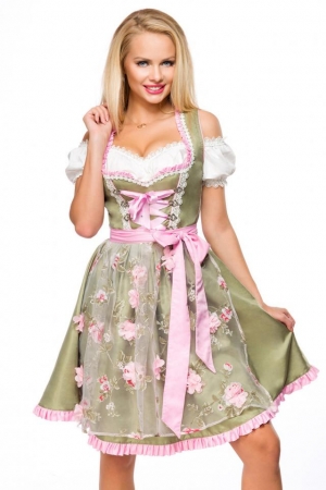 Dirndl mit herzförmigem Ausschnitt und Blumenschürze in grün/pink