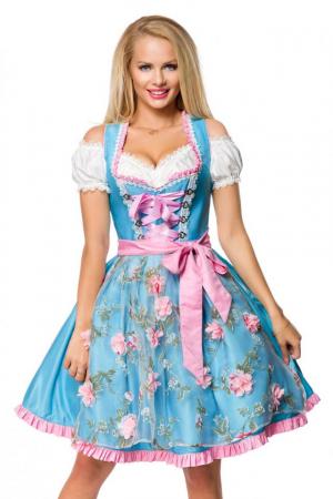 Dirndl mit herzförmigem Ausschnitt und Blumenschürze in Blau/Pink