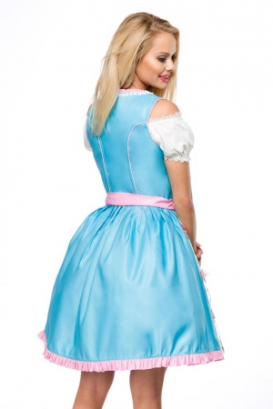 Dirndl mit herzförmigem Ausschnitt und Blumenschürze in Blau/Pink