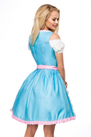 Dirndl mit herzförmigem Ausschnitt und Blumenschürze in Blau/Pink