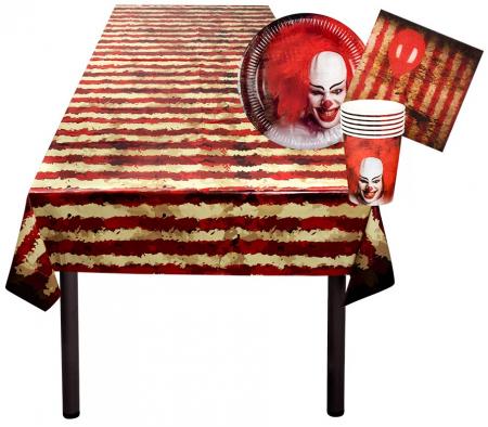 Tischset Horror Clown 6 Tellerchen, 6 Becher, 12 Servietten und Tischdecke