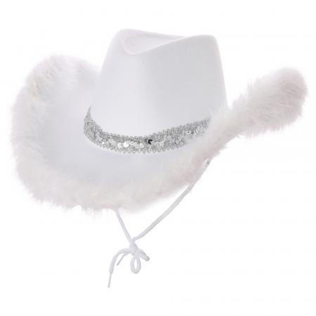 Cowgirl Hut Weiss mit Pailletten und Marabou Feder