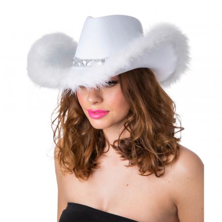 Cowgirl Hut Weiss mit Pailletten und Marabou Feder