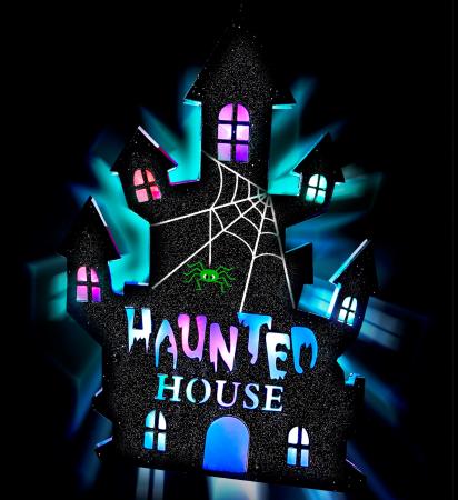 Haunted House Wanddekoration mit 6 Mehrfarbigen LED Lichtern 35x24 cm