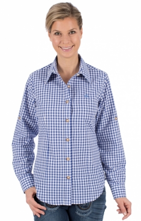 OS Trachten Damen Trachtenbluse Langarm Krempelarm mit Stick Blau