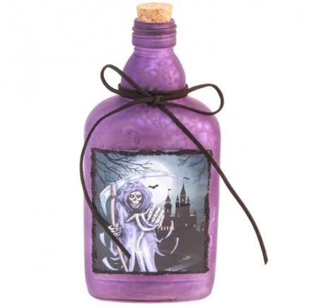 Violette Flach Glasflasche mit toten Etikett 19cm hoch