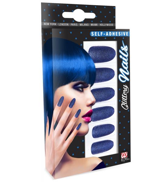 12 selbstklebende Fingernägel Blau Glitzer