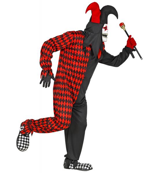 Böser Harlekin mit Overall, Maske mit Kapuze und Hut