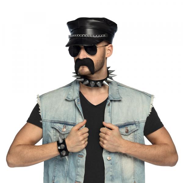 Rocker Mütze, Partybrille, Halskette, Armband und Schnurrbart