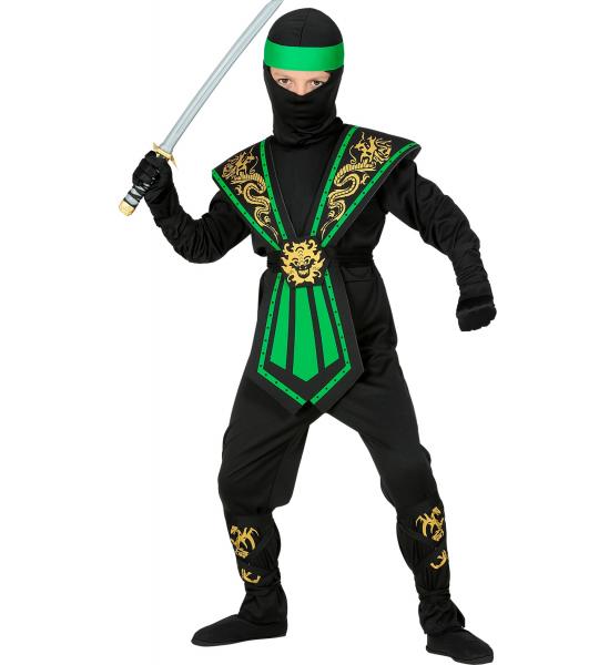 Grüner Kombat Ninja Kinderkostüm mit Overall, Brustrüstung, Gürtel, Arm- und Beinschnüre, Maske, Stirnband