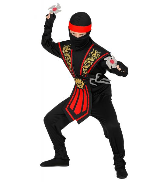 Roter Kombat Ninja Kinderkostüm mit Waffenset Overall, Brustrüstung, Gürtel, Arm- und Beinschnüre, Maske, Stirnband, Handschuhe,  Ninjadolche, Ninja Wurfsternen