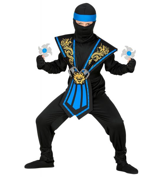 Blauer Kombat Ninja Kinderkostüm mit Waffenset Overall, Brustrüstung, Gürtel, Arm- und Beinschnüre, Maske, Stirnband, Handschuhe,  Ninjadolche, Ninja Wurfsternen - Kopie