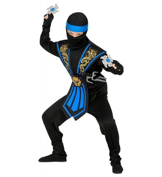 Blauer Kombat Ninja Kinderkostüm mit Waffenset Overall, Brustrüstung, Gürtel, Arm- und Beinschnüre, Maske, Stirnband, Handschuhe,  Ninjadolche, Ninja Wurfsternen - Kopie