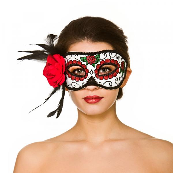 Tag der Toten Deluxe Maske mit Rose und Federn