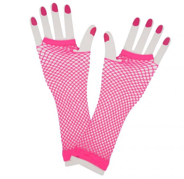 80er Jahre fingerlose lange Netzhandschuhe Neon Pink