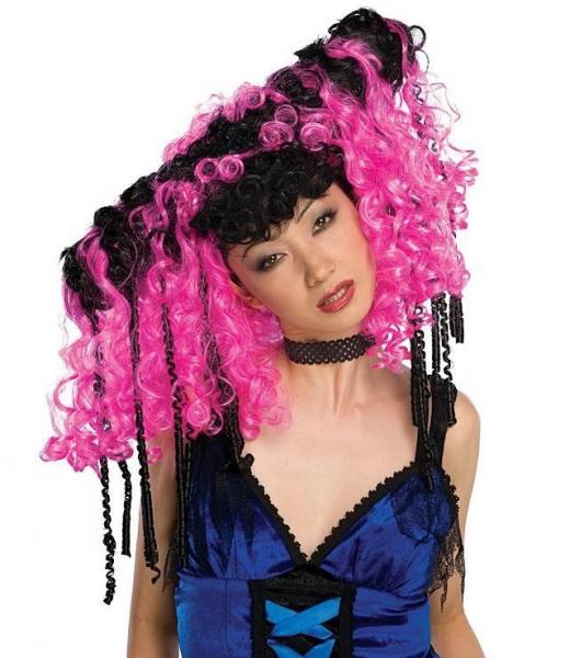 Gothic Manga Anime Hochsteckfrisur Perücke Locken schwarz-pink