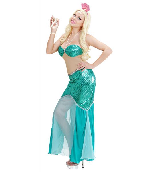 Mermaid Meerjungfrau Damen Kostüm Kleid mit Perlenhalskette, Haarreif mit Perlen