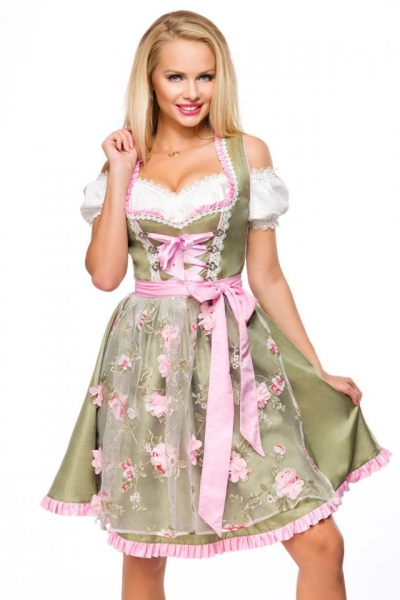 Dirndl mit herzförmigem Ausschnitt und Blumenschürze in grün/pink