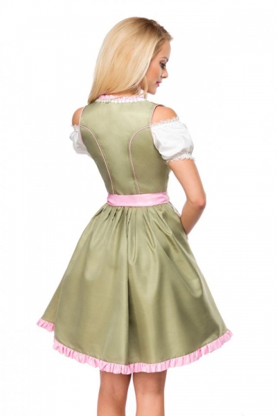 Dirndl mit herzförmigem Ausschnitt und Blumenschürze in grün/pink