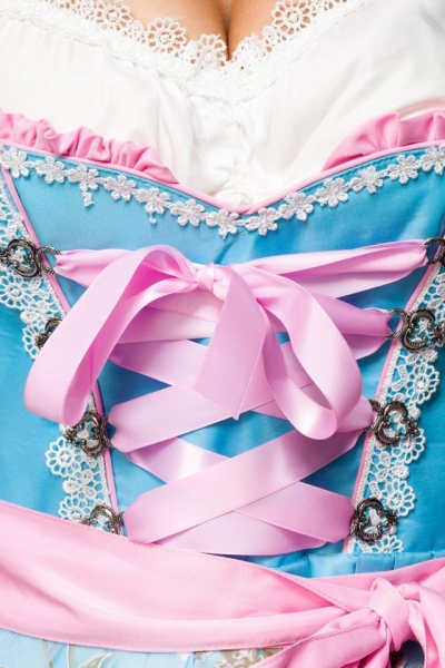 Dirndl mit herzförmigem Ausschnitt und Blumenschürze in Blau/Pink