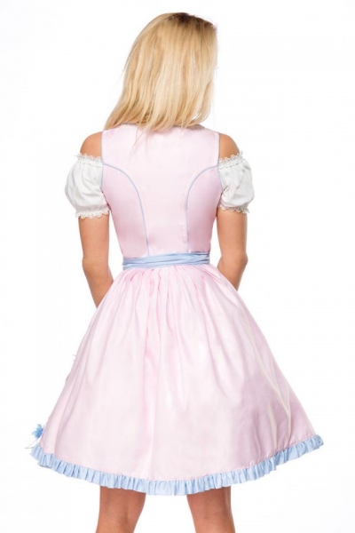 Dirndl mit herzförmigem Ausschnitt und Blumenschürze in rosa/blau