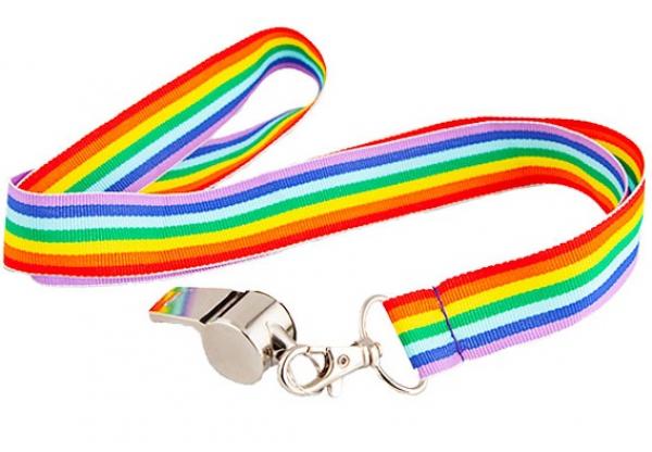 Trillerpfeife aus Metall mit Regenbogen Band