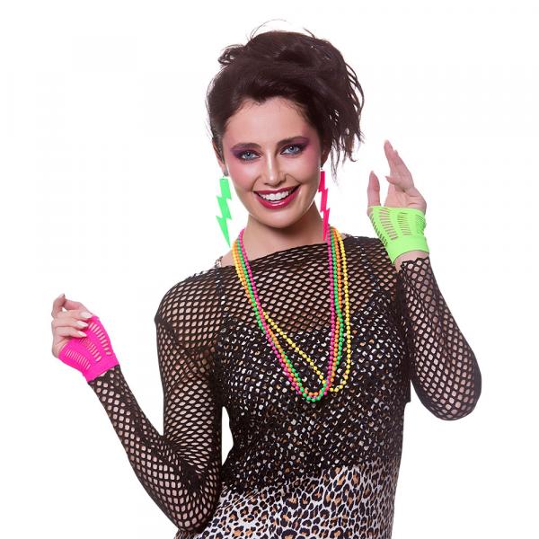 80er Neon Set Ohrringe, Ketten, Handschuhe