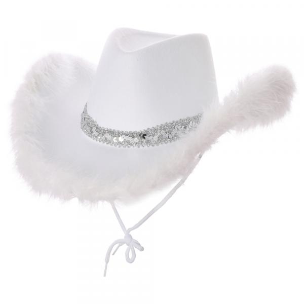 Cowgirl Hut Weiss mit Pailletten und Marabou Feder