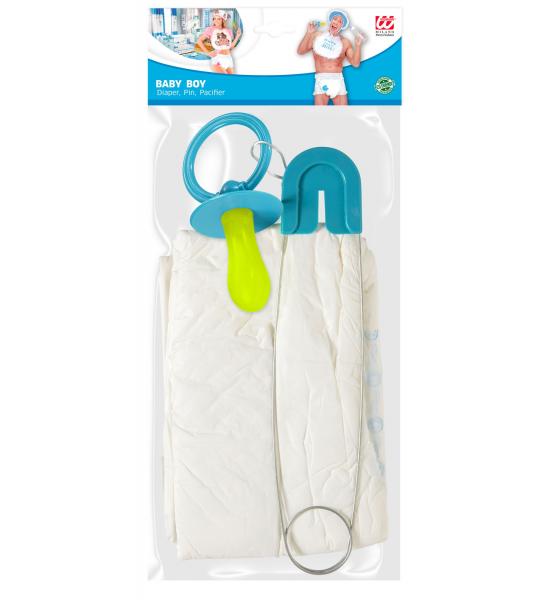 Blaues Baby Set mit Windel, Stecknadel, Schnuller