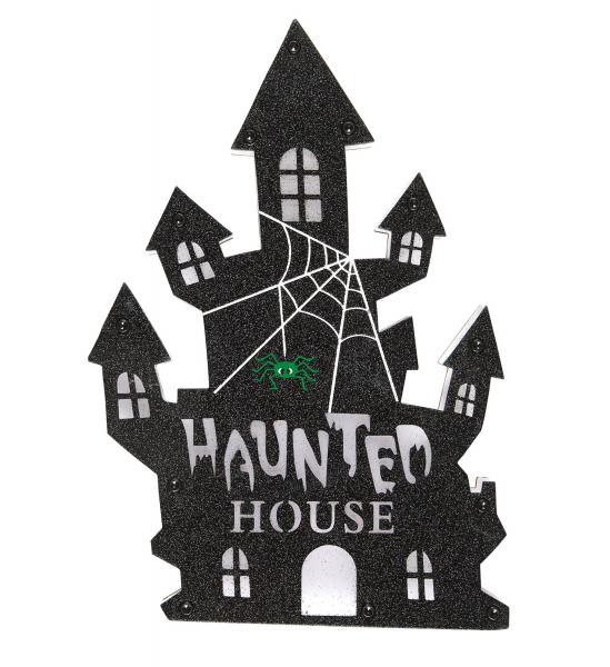 Haunted House Wanddekoration mit 6 Mehrfarbigen LED Lichtern 35x24 cm