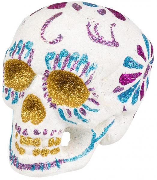 Glitzer Totenkopf Sugar Skull Weiss Gold 16x13cm