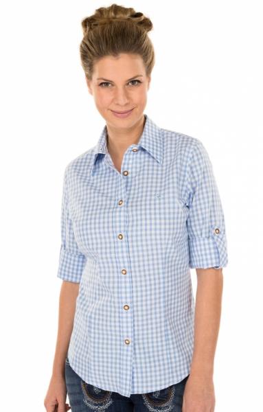 OS Trachten Damen Trachtenbluse Langarm Krempelarm mit Stick Hellblau